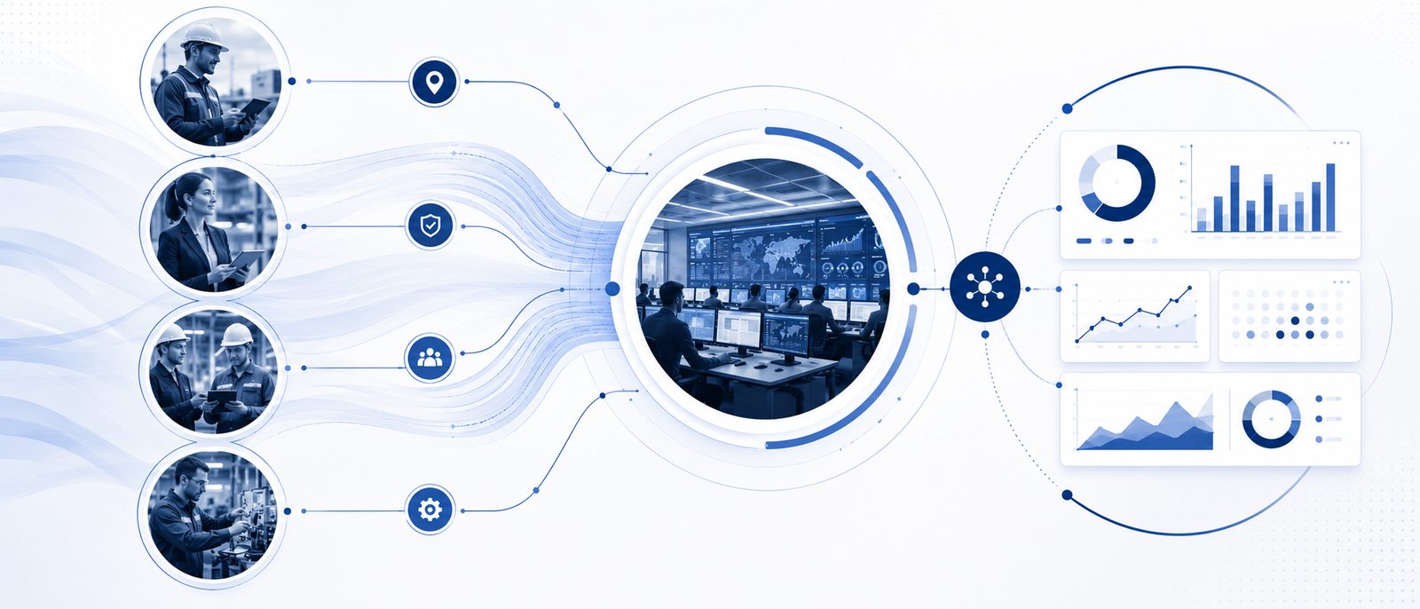 Frontline work, workflow signals, and operating data flowing into a central operations view that produces clearer analytics and decisions.